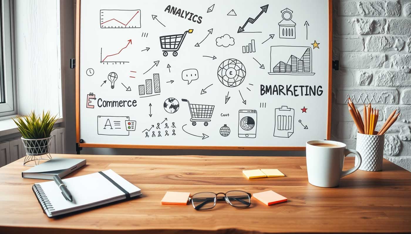 Kreativer Arbeitsplatz mit Notizbuch, Skizzen und Kaffeetasse – Begriffe im Online-Handel einfach erklärt