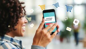 Glücklicher Online-Käufer bestätigt den Kauf auf dem Smartphone – Conversion im Online-Handel erklärt.