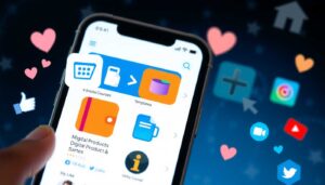 Digitale Produkte erfolgreich vermarkten: Social-Media-Marketing mit digitalen Produkten auf einem Smartphone-Bildschirm