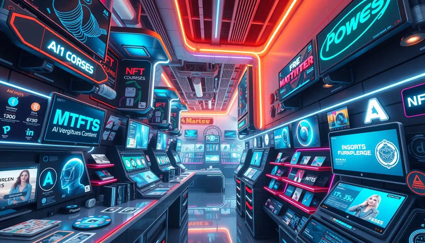 Digitale Produkte Trends 2025: Ein futuristischer digitaler Marktplatz mit KI-Inhalten, Online-Kursen, NFTs und Printables.