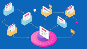 Illustration eines automatisierten E-Mail-Workflows mit verbundenen E-Mails und Triggern als Symbol für E-Mail-Marketing auf Autopilot