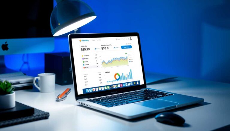 Laptop mit einem E-Mail-Marketing-Automation-Dashboard auf dem Bildschirm, Symbol für E-Mail-Marketing auf Autopilot.