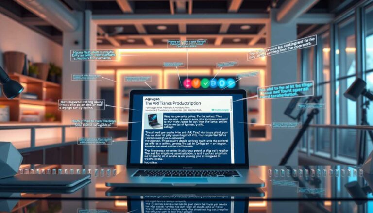 KI-generierte Produktbeschreibungen – Ein moderner Arbeitsplatz mit einem Laptop, auf dem ein KI-Tool eine automatische Produktbeschreibung erstellt.
