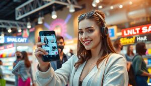 Live-Shopping als einer der wichtigsten Social Commerce Trends 2025: Eine Influencerin präsentiert Produkte in einem interaktiven Livestream.