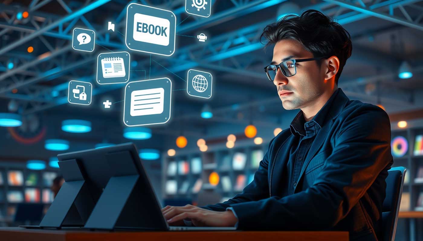 Online Geld verdienen mit digitalen Produkten – Symbolische Darstellung eines digitalen Marktplatzes mit E-Books, Online-Kursen und Software.