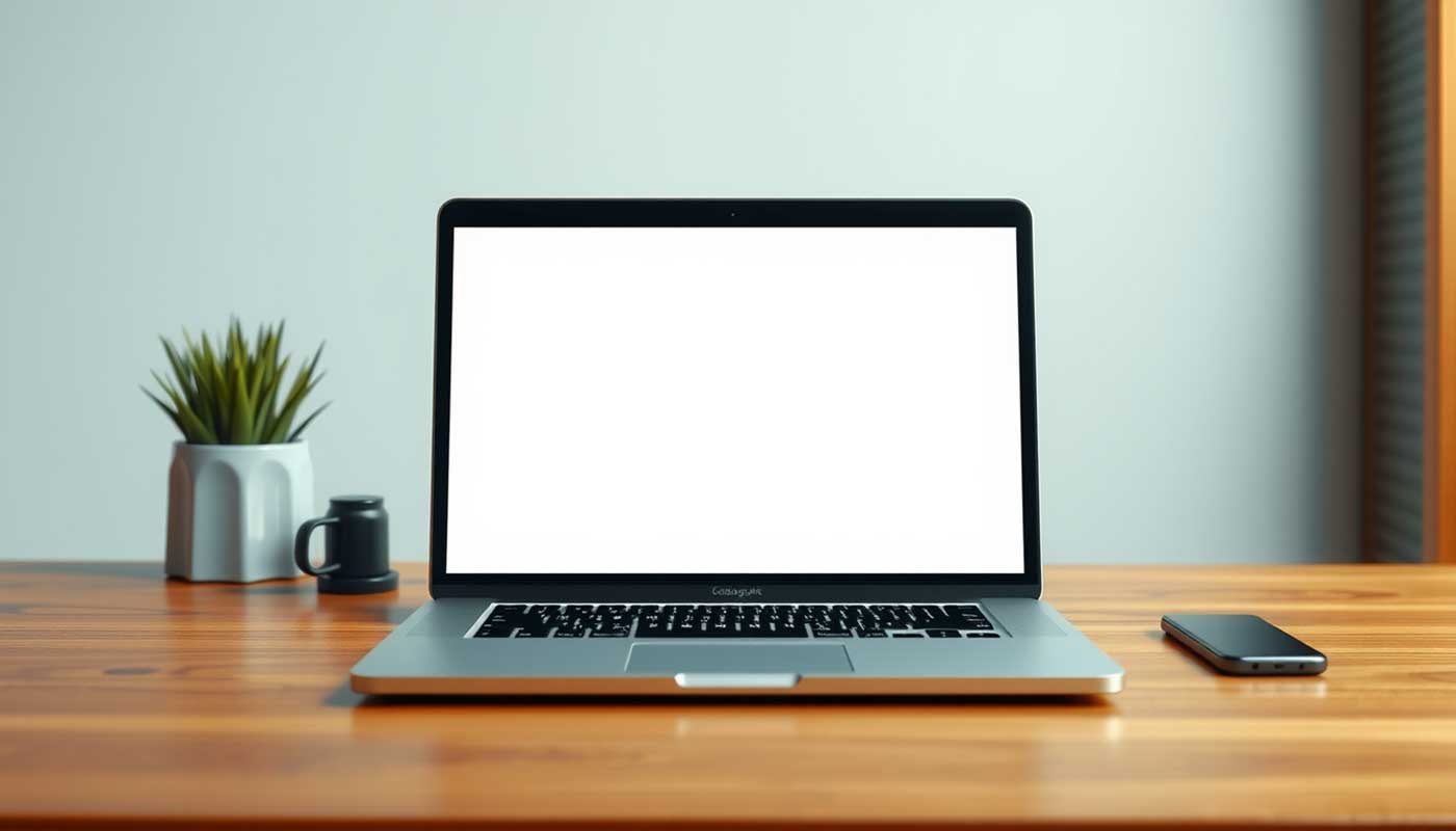 Perfekte Produktbilder erstellen: Ein moderner digitaler Arbeitsplatz mit Laptop und hochwertigem Mockup.