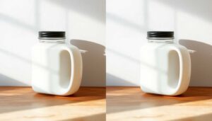 Perfekte Produktbilder erstellen: Vergleich eines flachen digitalen Produktbildes mit einer verbesserten Version mit Licht- und Schatteneffekten.