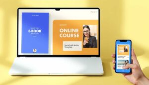 Perfekte Produktbilder erstellen: Digitale Mockups von E-Books, Online-Kursen und Social-Media-Vorlagen auf Laptop und Smartphone.