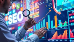 Digitaler Marketer analysiert SEO-Daten auf einem modernen Bildschirm – Begriffe im Online-Handel verstehen