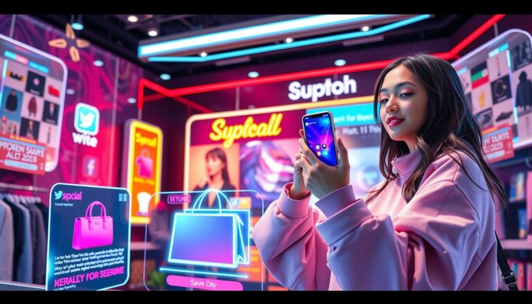 Social Commerce Trends 2025: Ein futuristisches Shopping-Erlebnis mit Influencer-Livestream, Augmented Reality und digitalen Produkten.