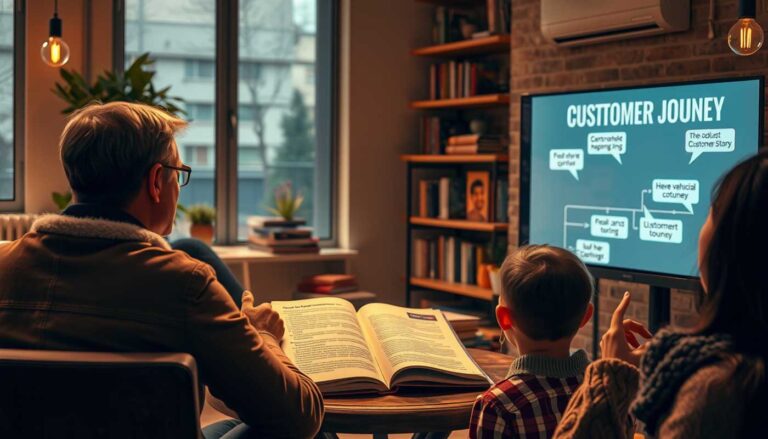 Storytelling für Verkäufer: Ein inspirierendes Marketing-Setting mit einem Erzähler, der eine Produktgeschichte vor einem interessierten Publikum präsentiert.