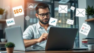 Strategien zur Vermarktung digitaler Produkte – Unternehmer analysiert Marketing-Daten mit Fokus auf SEO, Social Media und E-Mail-Marketing